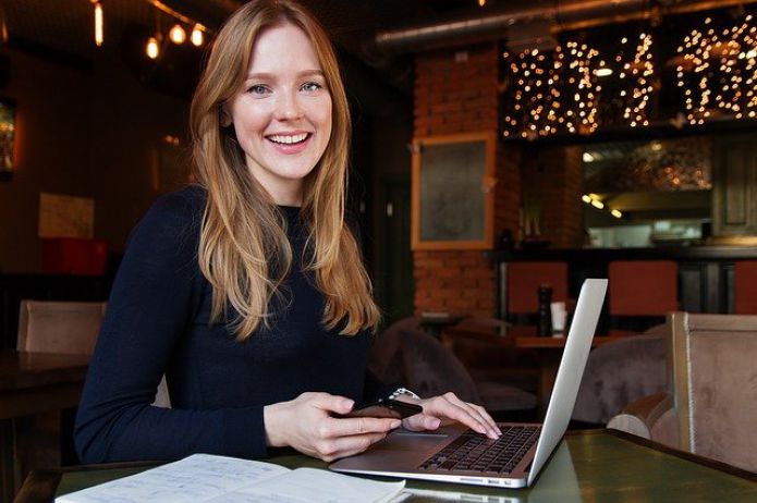 Woman, business, phone, laptop